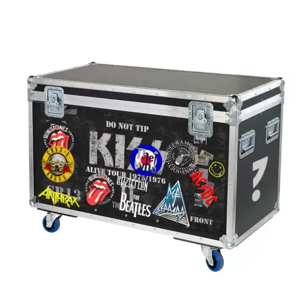 Flexible storage case covered in rock band stickers, suitable for music equipment or travel.