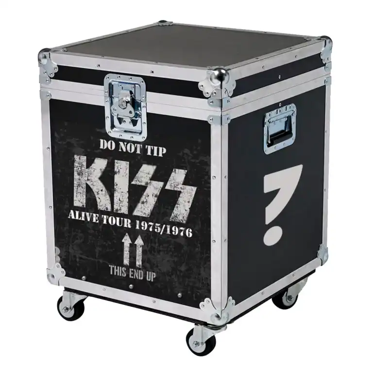 Durable black flight case with iconic KISS logo, perfect for rock band tour equipment and memorabilia.