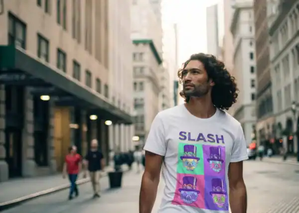 Young man with long hair wearing Slash Living The Dream Men’s T Shirt