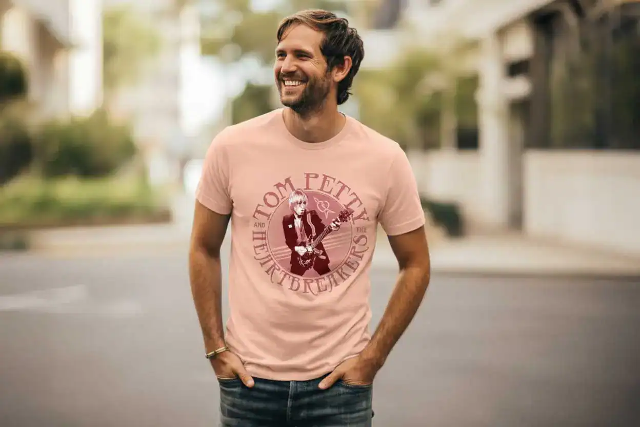 rock fan wearing Tom Petty & the Heartbreakers Guitar Hero Men’s T Shirt
