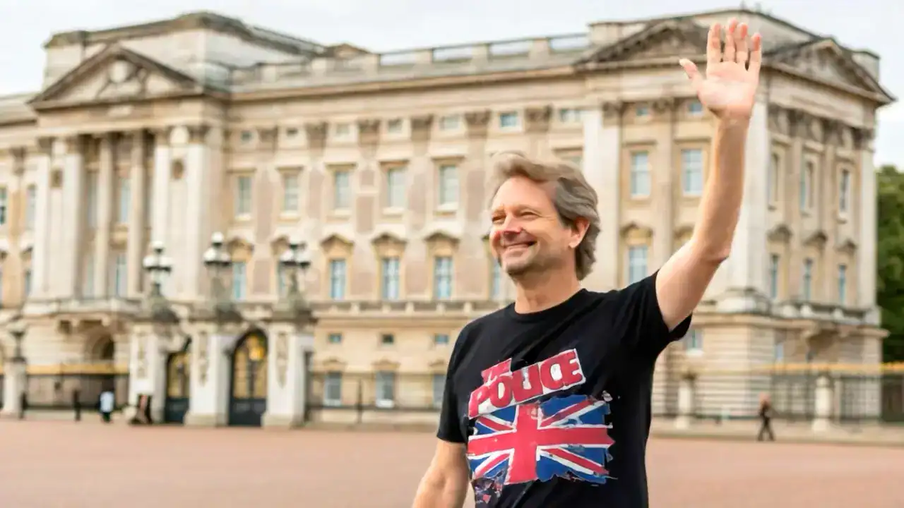 A happy man in a black band T-shirt with British flag graphic, waving in front of a grand London palace or government building.