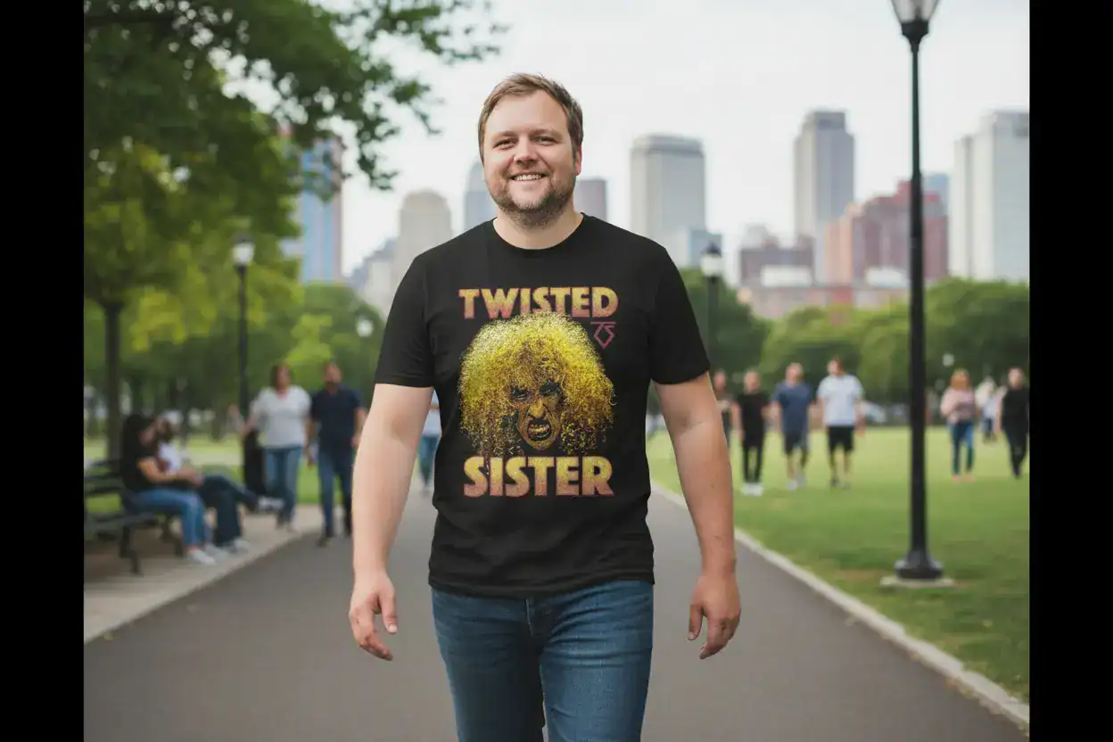 Young man rocking a twisted sister t-shirt with dee snider's face