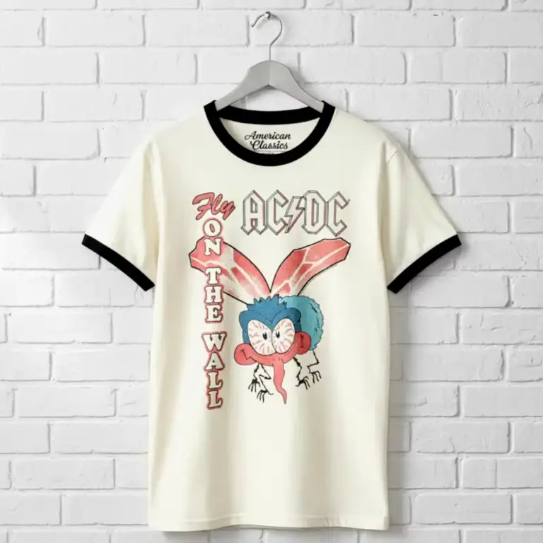 ACDC Fly on Wall Ringer T Shirt with vintage band design, perfect for rock music fans.