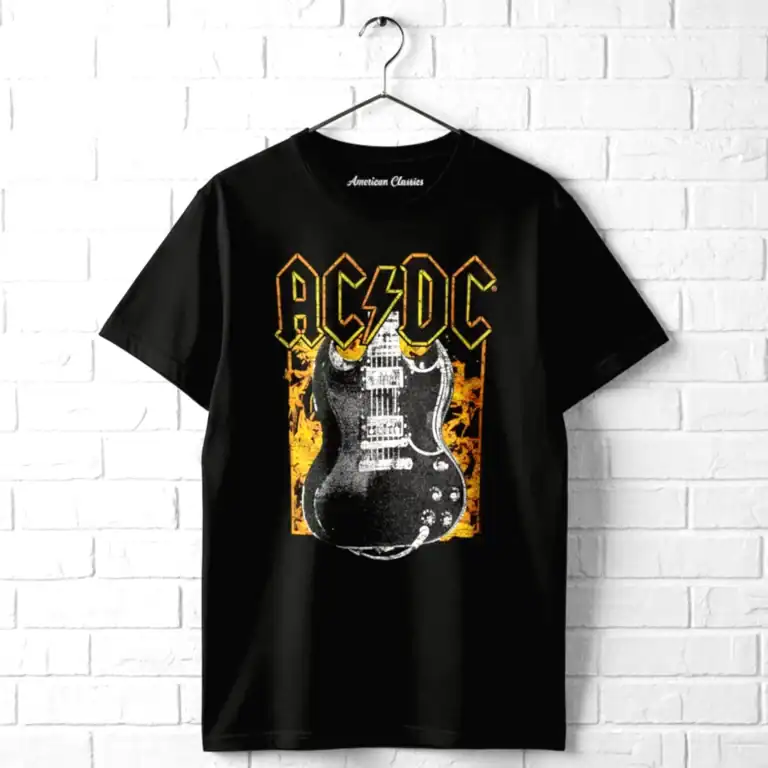 AC/DC vintage neon guitar men's T-shirt for rock music fans. Perfect for casual wear and concert out.