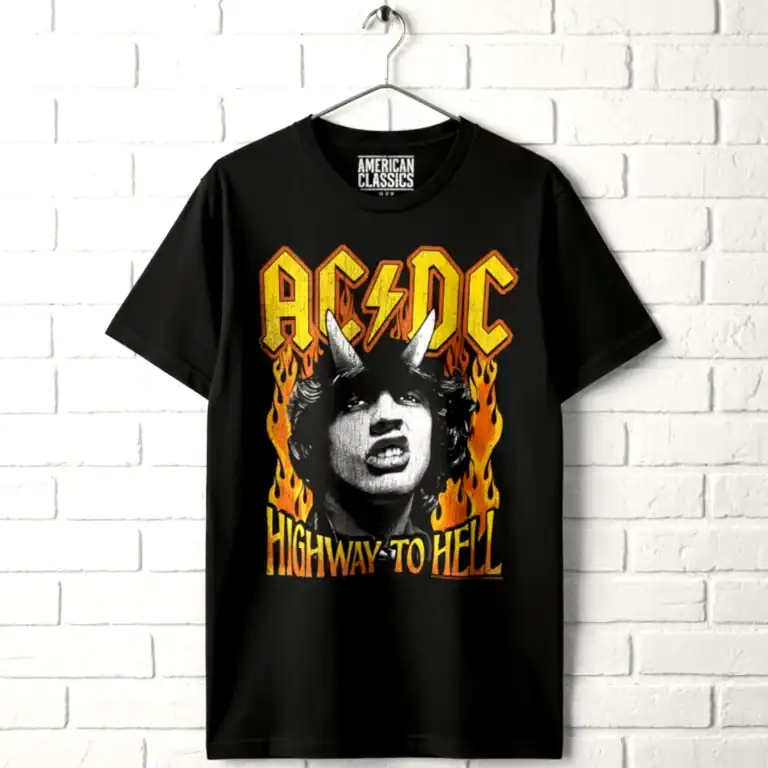 AC/DC Highway to Hell fire men's band T-shirt with graphic design.