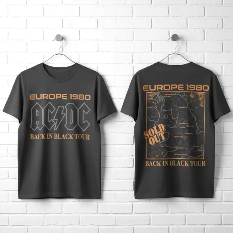 Men's ACDC Back in Black Tour T-shirt with Europe 1980 design, black color, casual style.