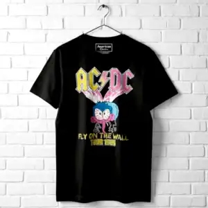 Classic AC/DC Fly on the Wall Tour 85 T-shirt with cartoon mascot design.