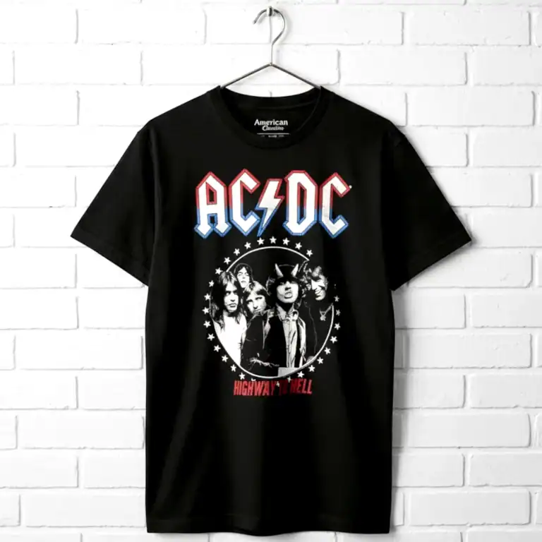 Black AC/DC Highway to Hell band T-shirt with star frame and band image.