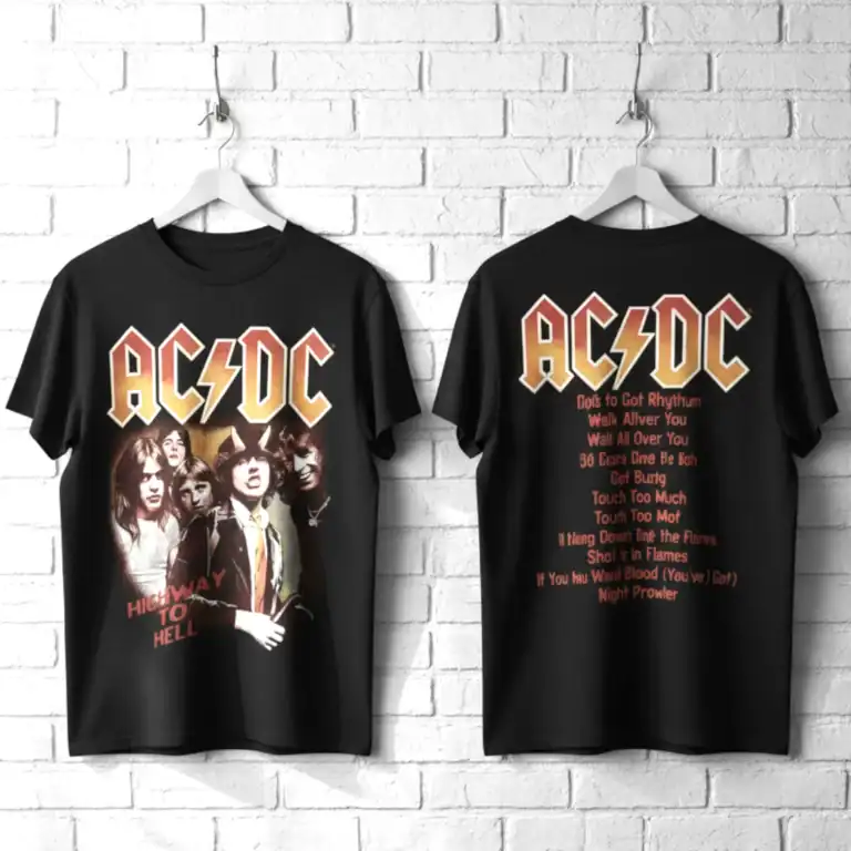 Vintage AC/DC band shirt featuring the iconic band members and song list, perfect for rock music fans.