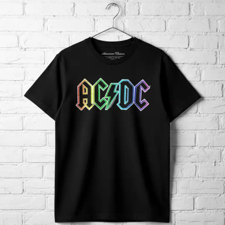 ACDC neon rainbow logo T-shirt for men, vibrant and stylish music band apparel.
