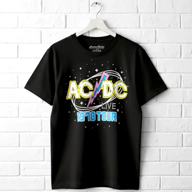 ACDC Intergalactic Tour 1978 men's T shirt with vintage rock band design.
