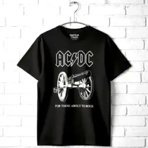 AC/DC men's black T-shirt with cannon graphic and "For Those About to Rock" text. Perfect for rock f.