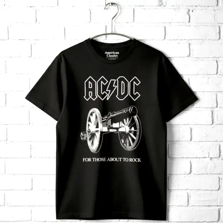 AC/DC men's black T-shirt with cannon graphic and "For Those About to Rock" text. Perfect for rock f.