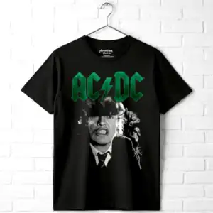 Black T-shirt featuring Angus Young smoking with AC/DC logo in green.