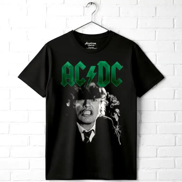 Black T-shirt featuring Angus Young smoking with AC/DC logo in green.