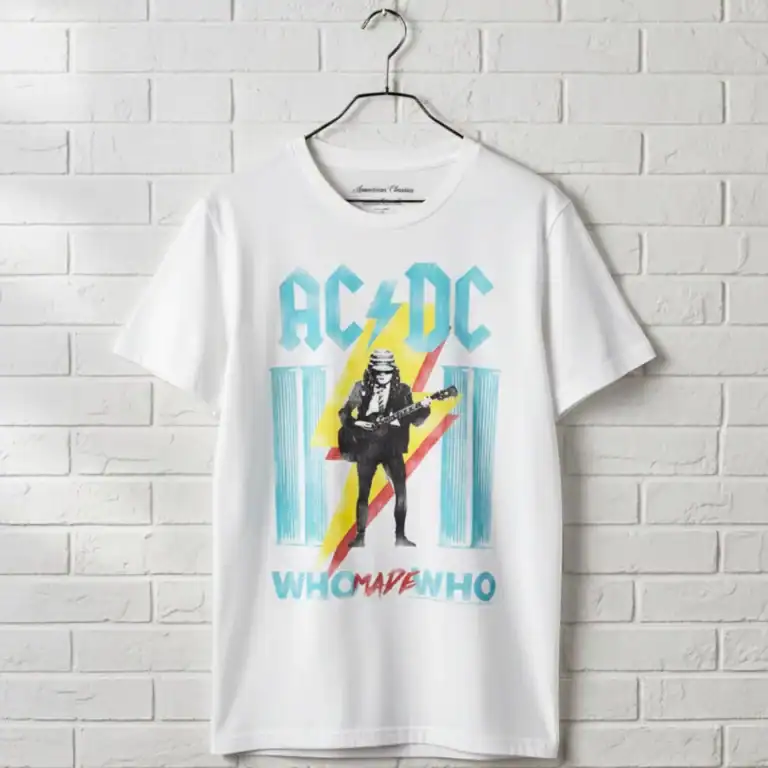AC/DC Angus Young Who Made Who men's band T-shirt, featuring iconic rock band design.