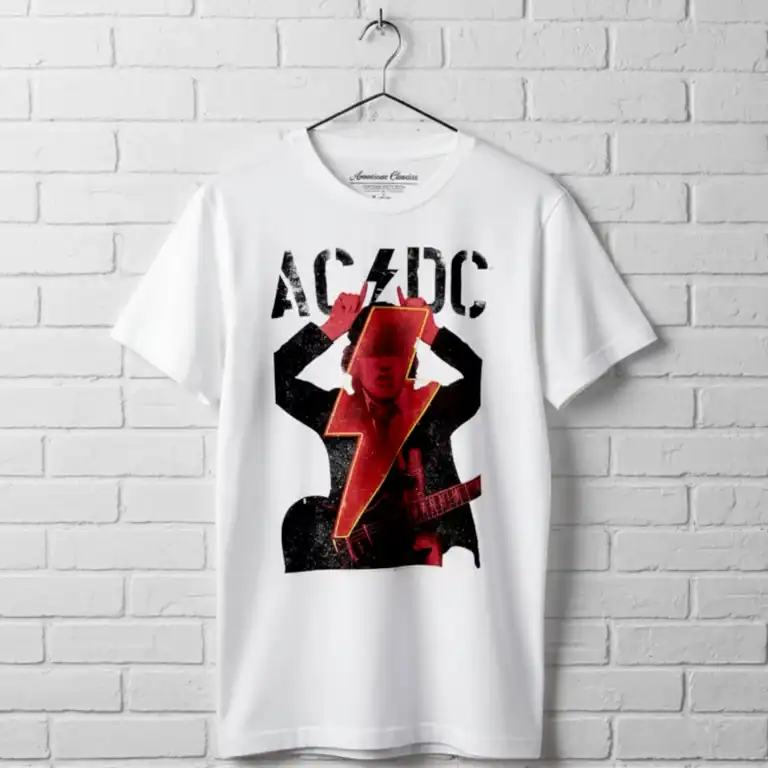 AC/DC Angus Young Horns Bolt T-shirt with lightning design for men.