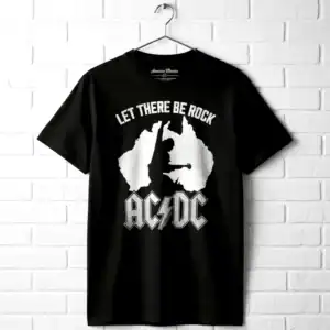 AC/DC Let There Be Rock band T shirt with iconic logo and rock design.