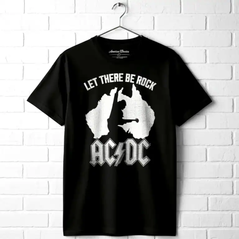 AC/DC Let There Be Rock band T shirt with iconic logo and rock design.
