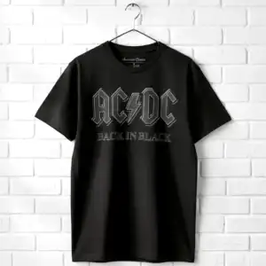 AC/DC Back in Black vintage men's T shirt with band logo and classic design. Perfect for rock music.