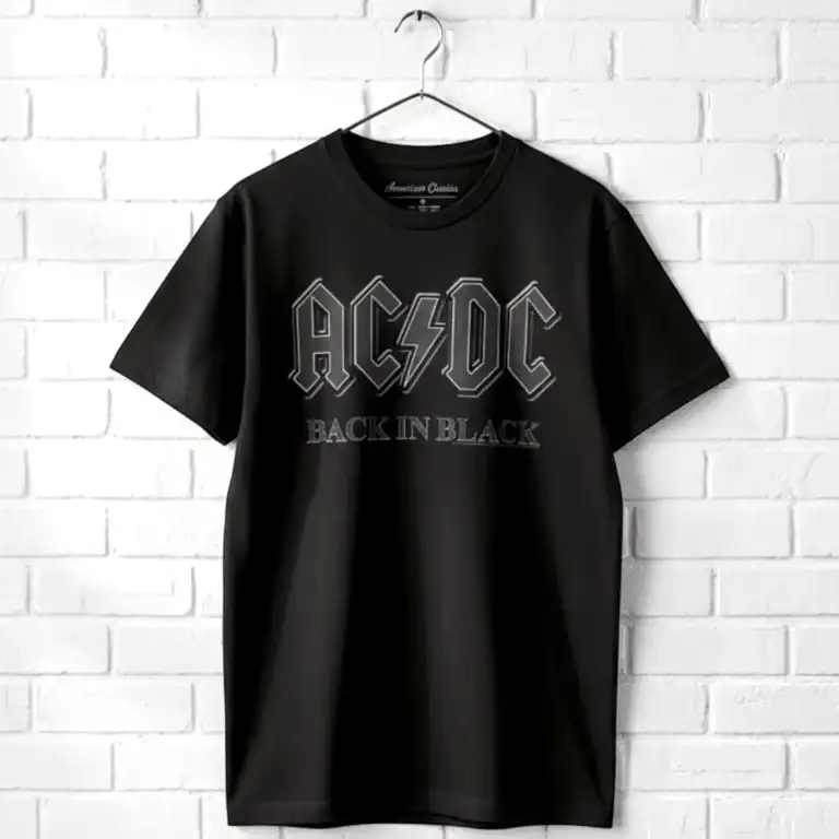 AC/DC Back in Black vintage men's T shirt with band logo and classic design. Perfect for rock music.