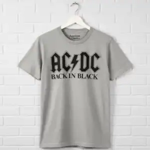 Classic ACDC Back in Black band tee in gray for men. Perfect for rock music fans and concert wear.