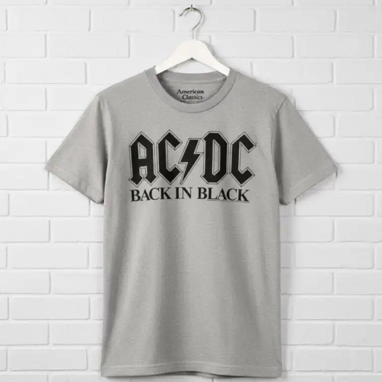 Classic ACDC Back in Black band tee in gray for men. Perfect for rock music fans and concert wear.