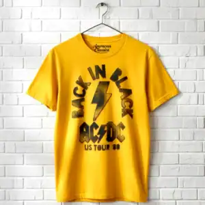 AC/DC Back in Black US Tour 1980 men's T shirt with iconic band logo and lightning bolt design.