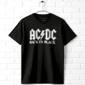 Black AC/DC Back in Black band T-shirt for men, rock music fan apparel.