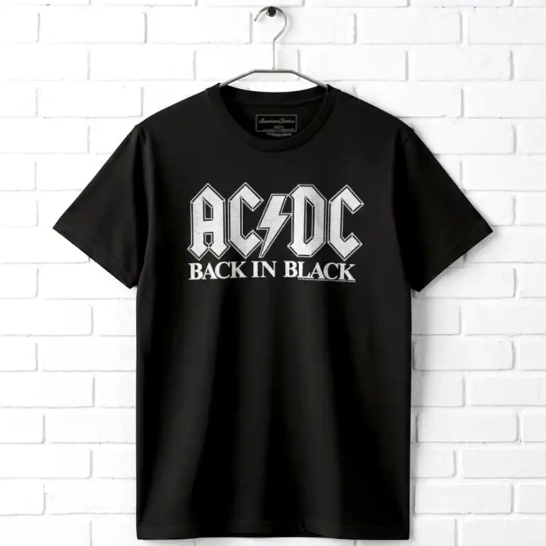 Black AC/DC Back in Black band T-shirt for men, rock music fan apparel.