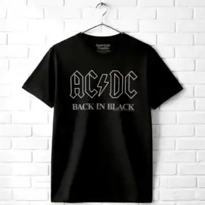 Black AC/DC Back in Black album T-shirt for men, classic rock band merchandise.