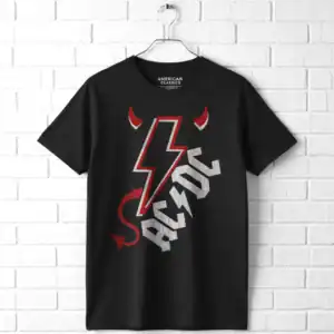 Classic ACDC lightning bolt and devil horns graphic T-shirt for men. Perfect for rock music fans and.