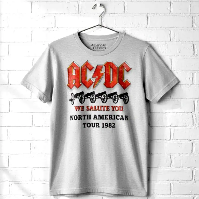 AC/DC North American Tour 1982 men's T shirt with band logo and tour design.