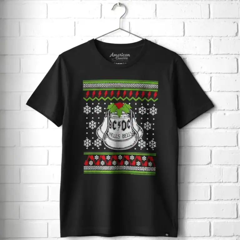 ACDC Christmas Hells Bells men's T-shirt with holiday design and band logo.