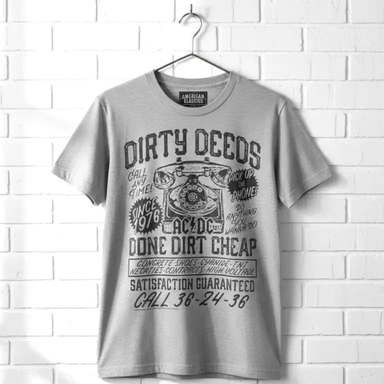 Classic AC/DC Dirty Deeds T-shirt featuring vintage design and bold graphics.