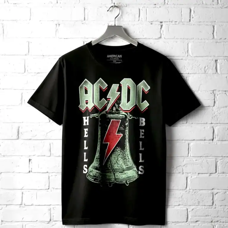 AC/DC Hells Bells T Shirt with iconic lightning bolt and bell graphic.