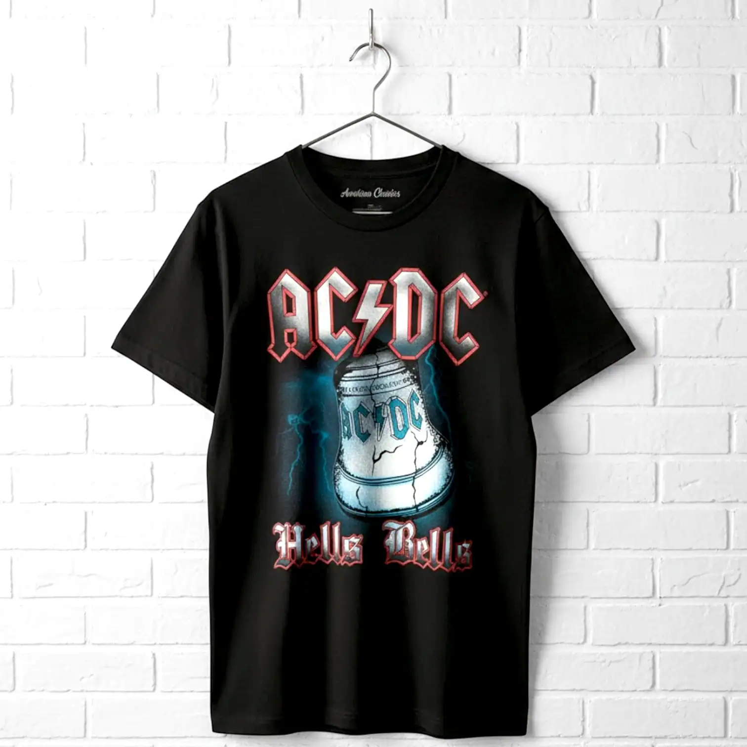 AC/DC Hells Bells band T-shirt with metallic design, perfect for rock fans.