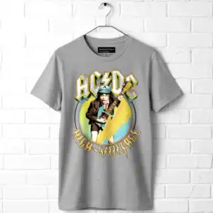 AC/DC high voltage graphic men's T shirt with Angus Young illustration. Perfect for rock fans and mu.