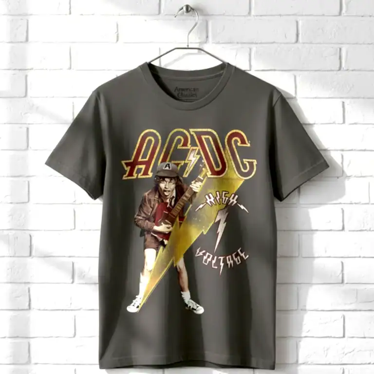ACDC High Voltage Angus Guitar Men's T Shirt for rock music fans.