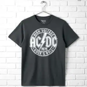 Classic black AC/DC High Voltage 1975 rock T shirt with bold logo.