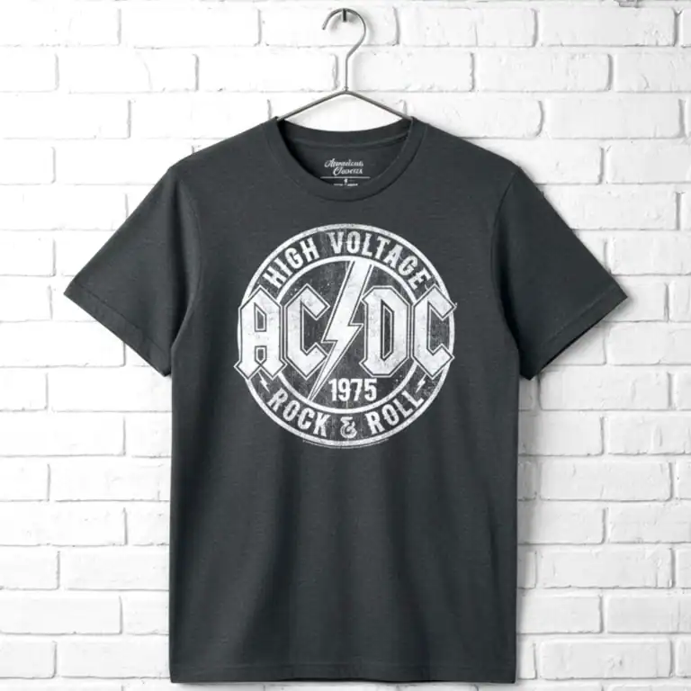 Classic black AC/DC High Voltage 1975 rock T shirt with bold logo.