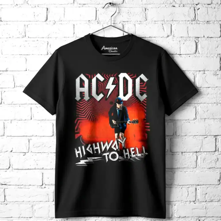 AC/DC Highway to Hell guitar shred men's T shirt, rock band merchandise, music lover gift.