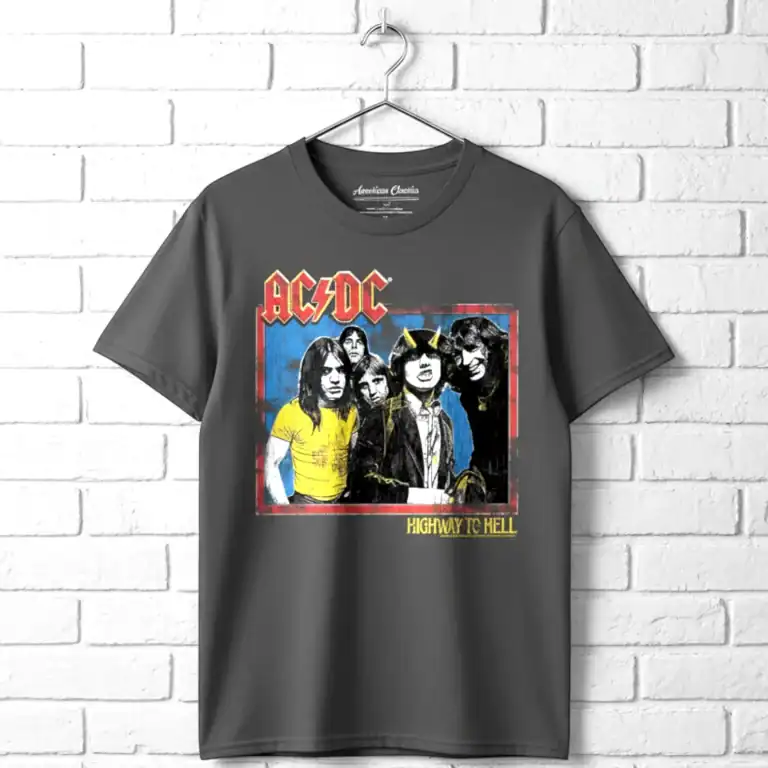 ACDC Highway to Hell band graphic men's T shirt for rock music fans.