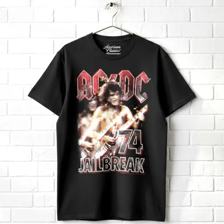Vintage ACDC Jailbreak 74 band tee for men, featuring iconic rock design.
