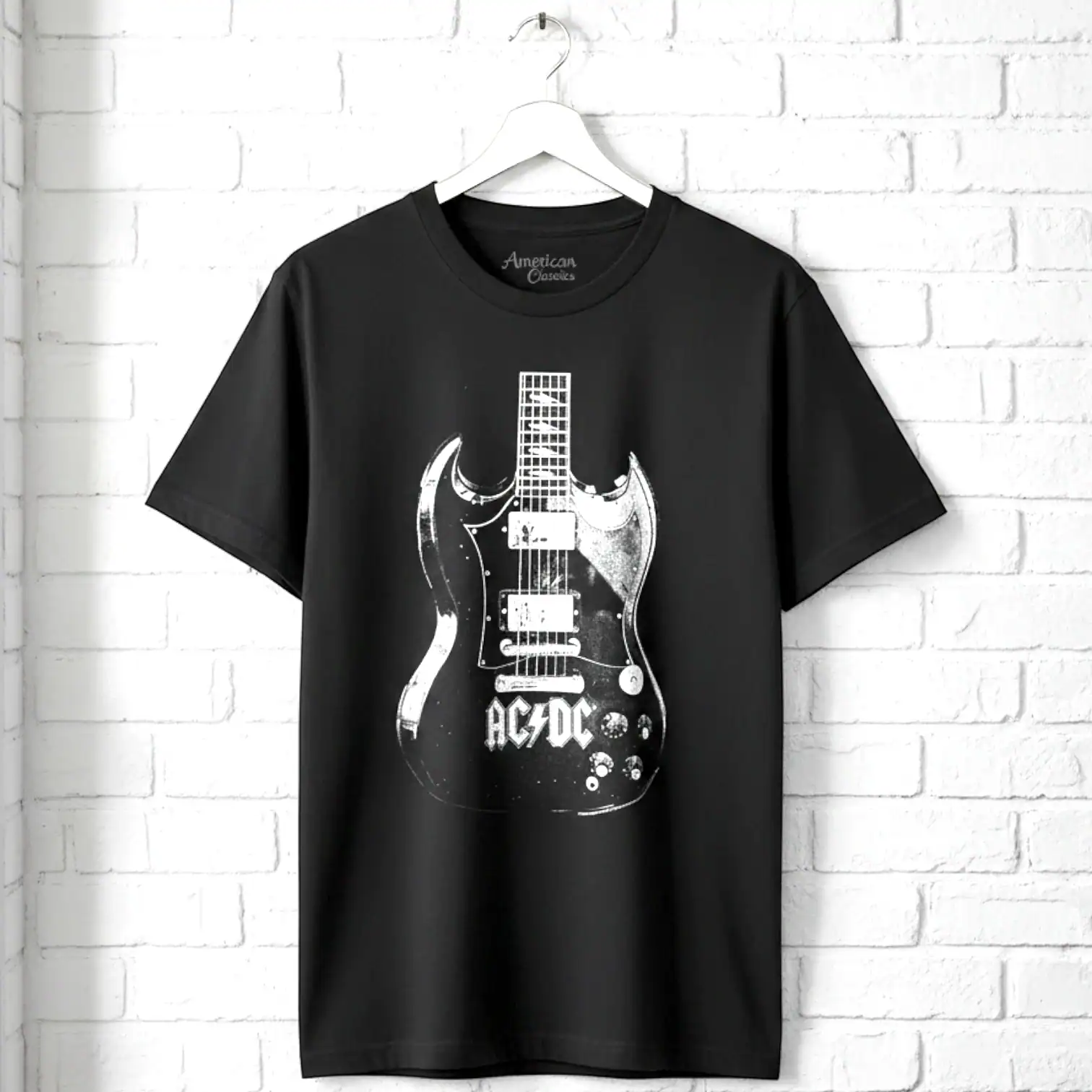 ACDC guitar men's T-shirt with Jaydee Gibson SG design, perfect for rock music fans.