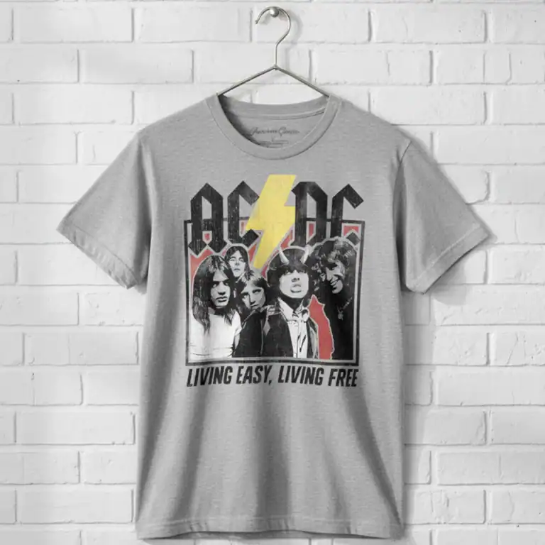ACDC band T-shirt with "Living Easy, Living Free" slogan and band members graphic.