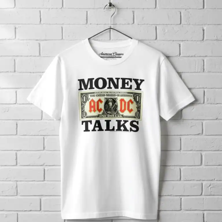 White men's T-shirt with "Money Talks" and AC/DC dollar bill graphic, casual style.