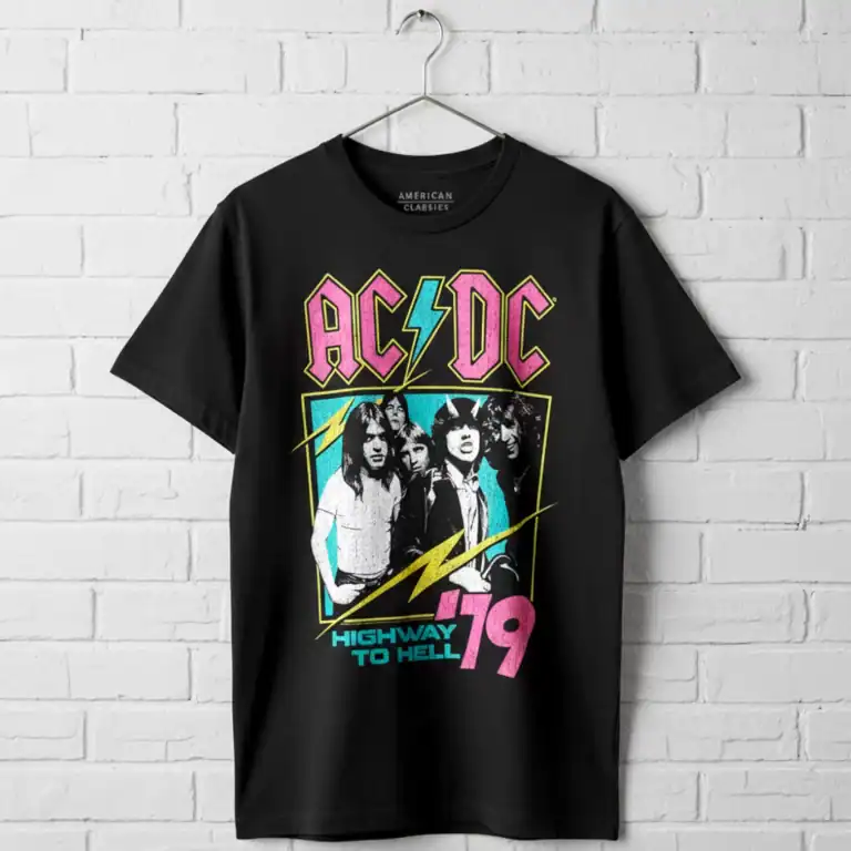 Black AC/DC band t-shirt with neon-style highway to hell graphic and band photo, vintage rock appare.