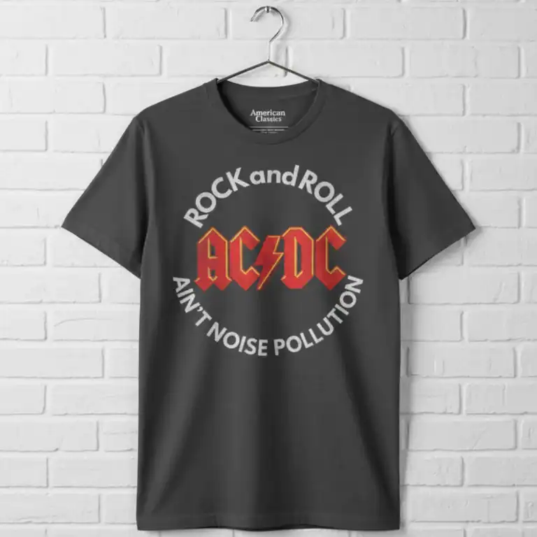 Classic black AC/DC rock t-shirt with bold logo and "Ain't Noise Pollution" slogan.