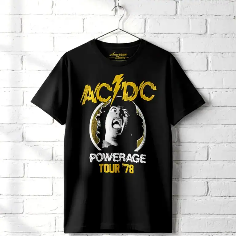 AC/DC Powerage Tour 1978 men's T shirt with vintage rock band design.